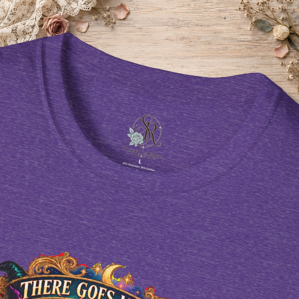 Collar and print detail of the Heather Purple There Goes My Last Flying Fuck witch T-shirt
