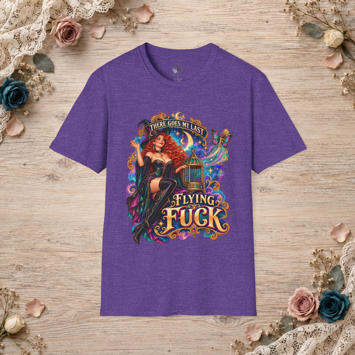 Heather Purple T-shirt with There Goes My Last Flying Fuck witch artwork