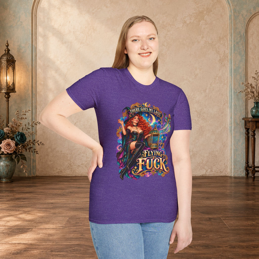 Woman wearing a Heather Purple There Goes My Last Flying Fuck witch graphic T-shirt