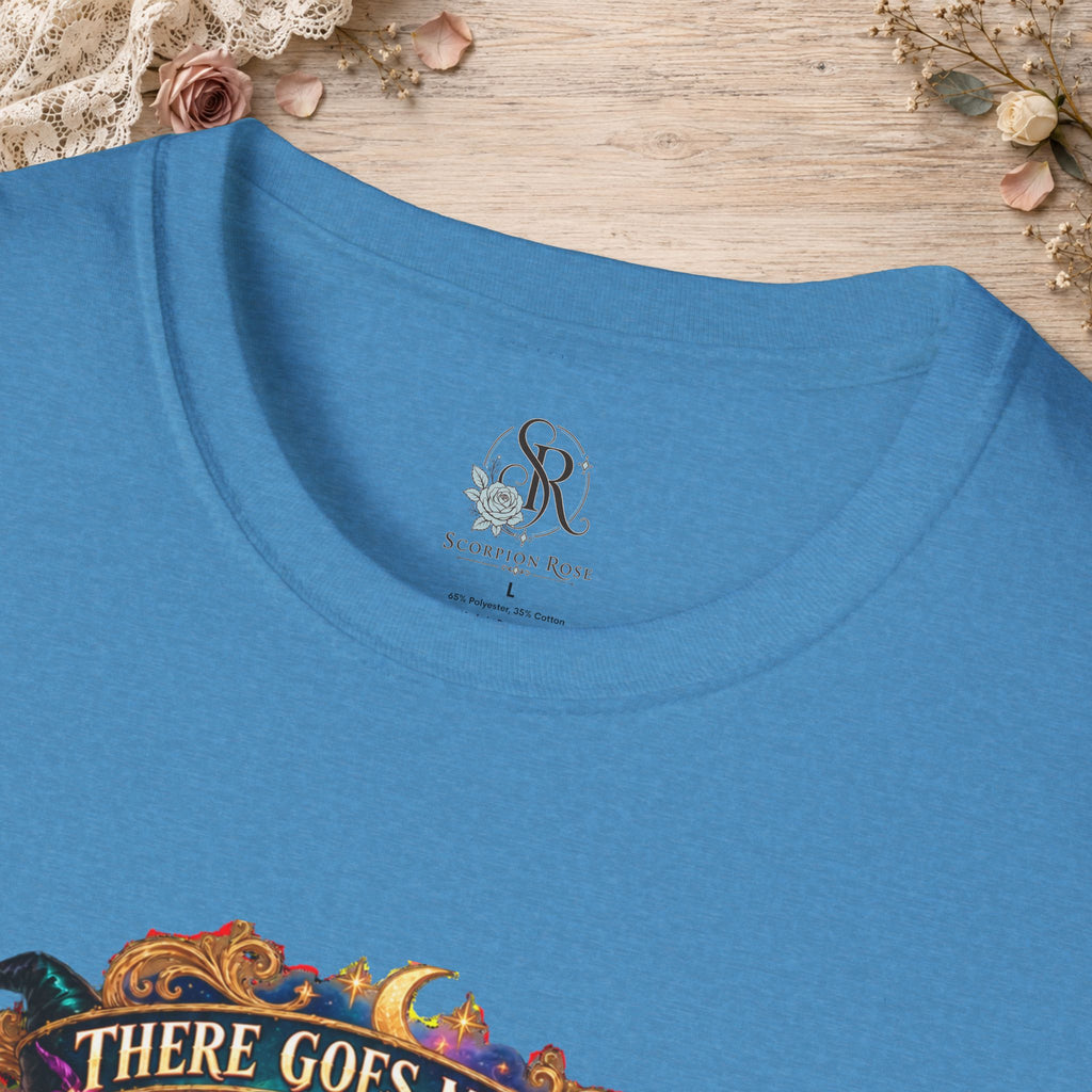 Collar and print detail of the Heather Sapphire There Goes My Last Flying Fuck witch T-shirt