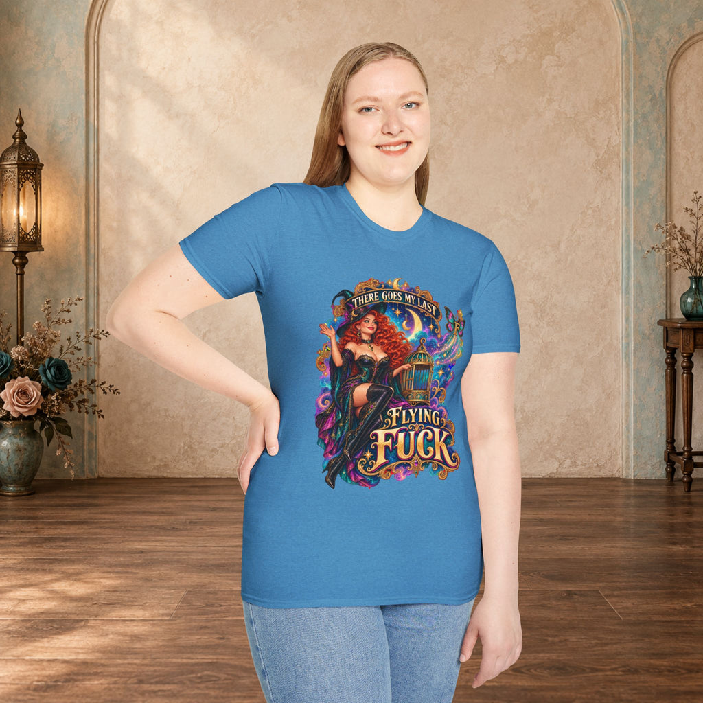 Woman wearing a Heather Sapphire There Goes My Last Flying Fuck witch graphic T-shirt