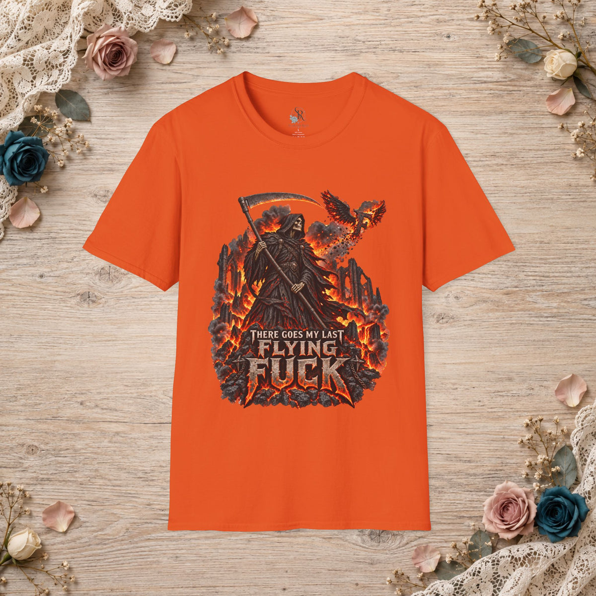 Orange T-shirt with fiery There Goes My Last Flying Fuck Grim Reaper artwork