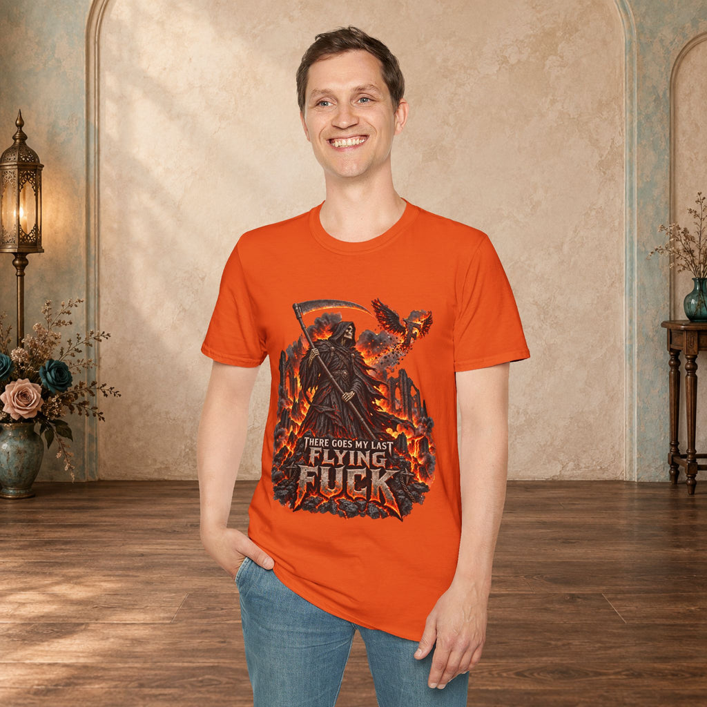 man wearing an Orange There Goes My Last Flying Fuck Grim Reaper graphic T-shirt