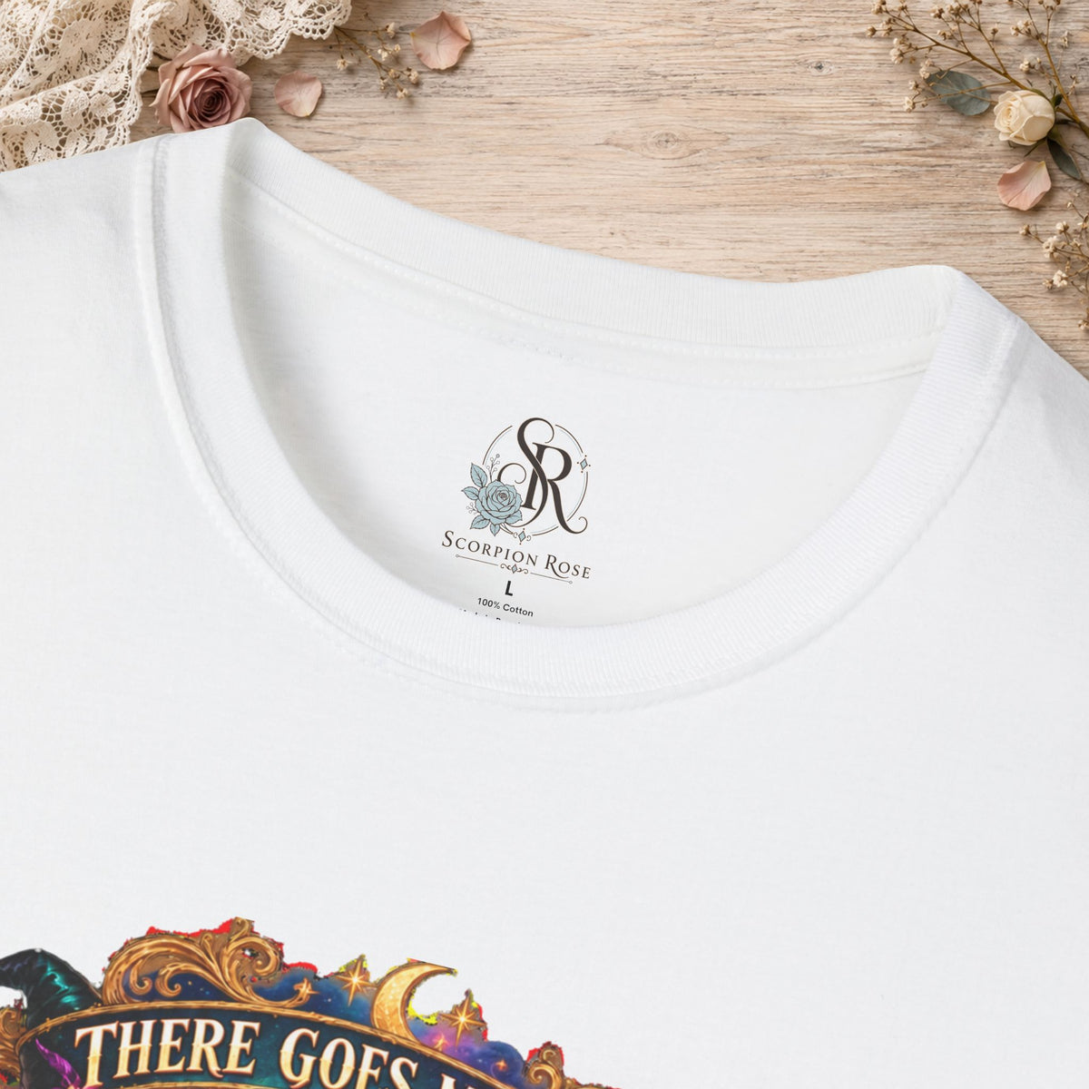 Collar and print detail of the White There Goes My Last Flying Fuck witch T-shirt