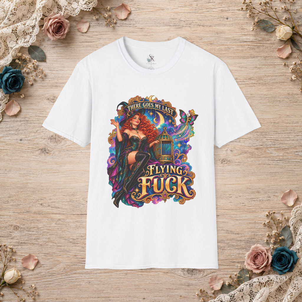 White T-shirt with There Goes My Last Flying Fuck witch artwork