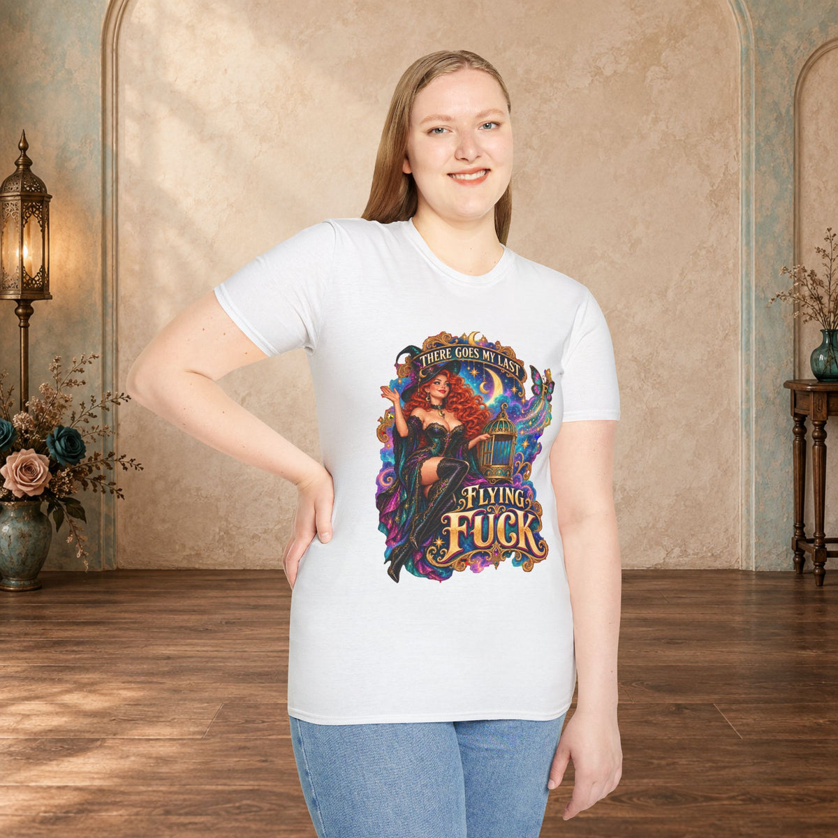 Woman wearing a White There Goes My Last Flying Fuck witch graphic T-shirt