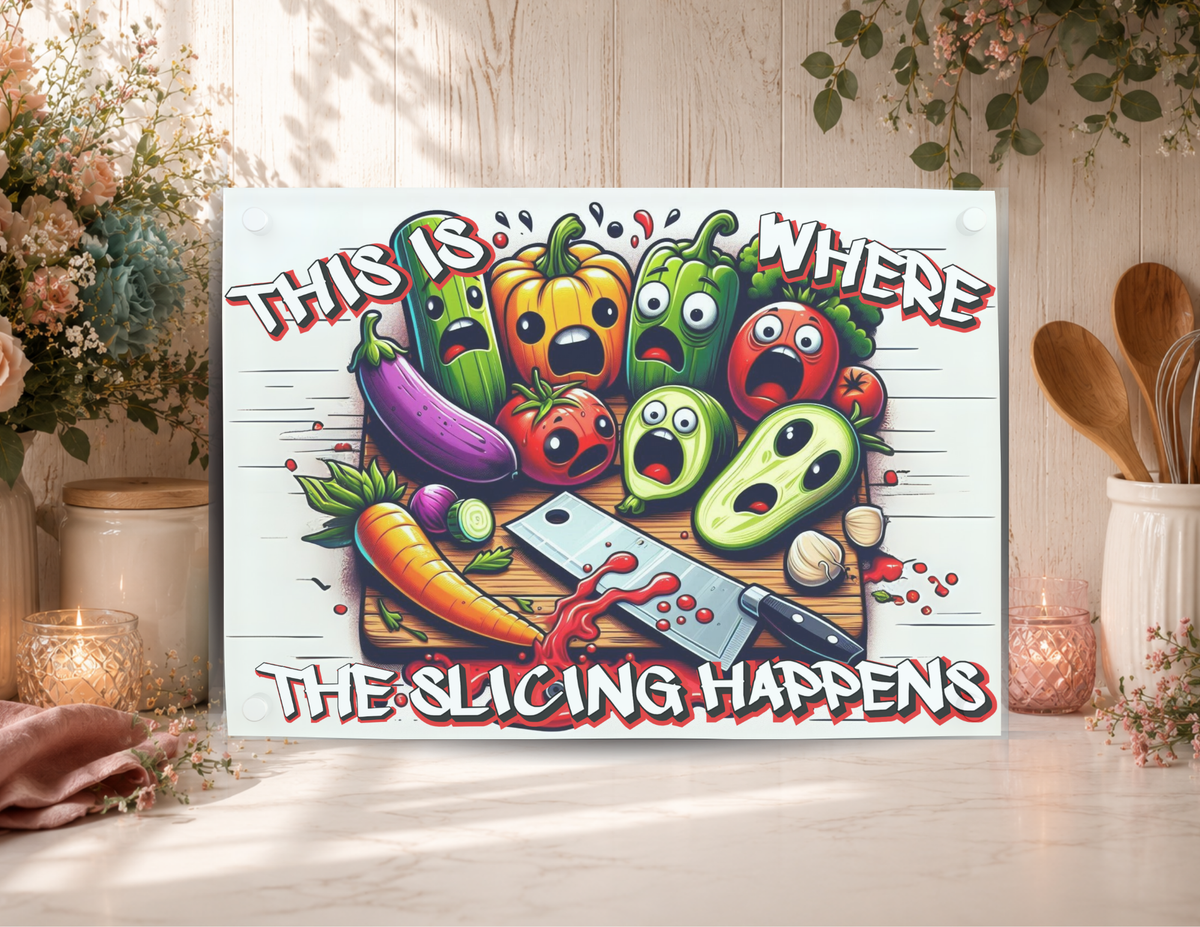 This Is Where the Slicing Happens funny glass cutting board featuring frightened cartoon vegetables and a kitchen cleaver