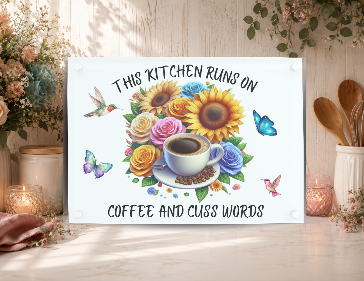 This Kitchen Runs on Coffee and Cuss Words glass cutting board with a coffee cup, sunflowers, roses, butterflies, and hummingbirds