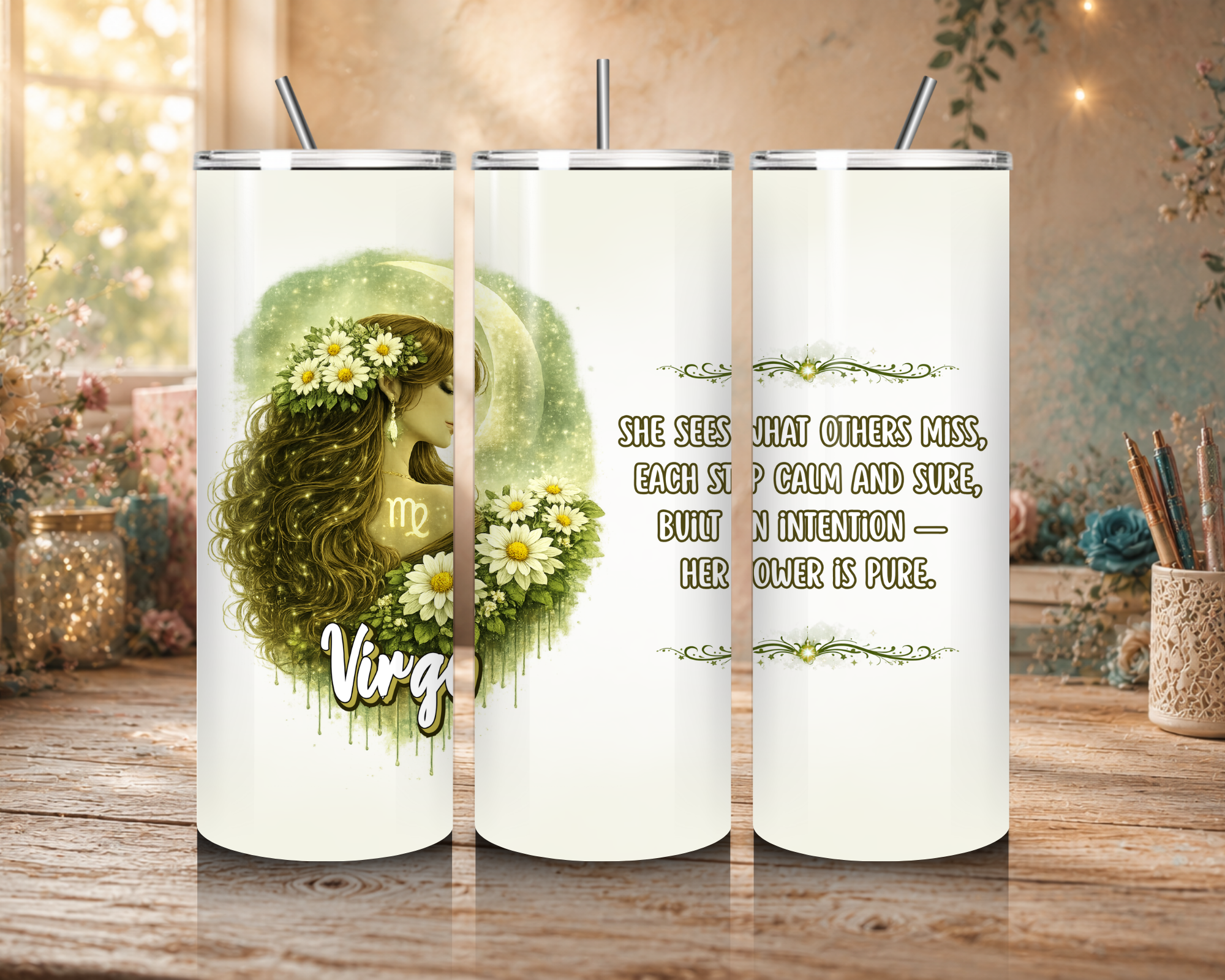 Virgo Goddess 20 oz tumbler featuring an earth-toned celestial goddess, white daisies, Virgo symbol, and zodiac affirmation.