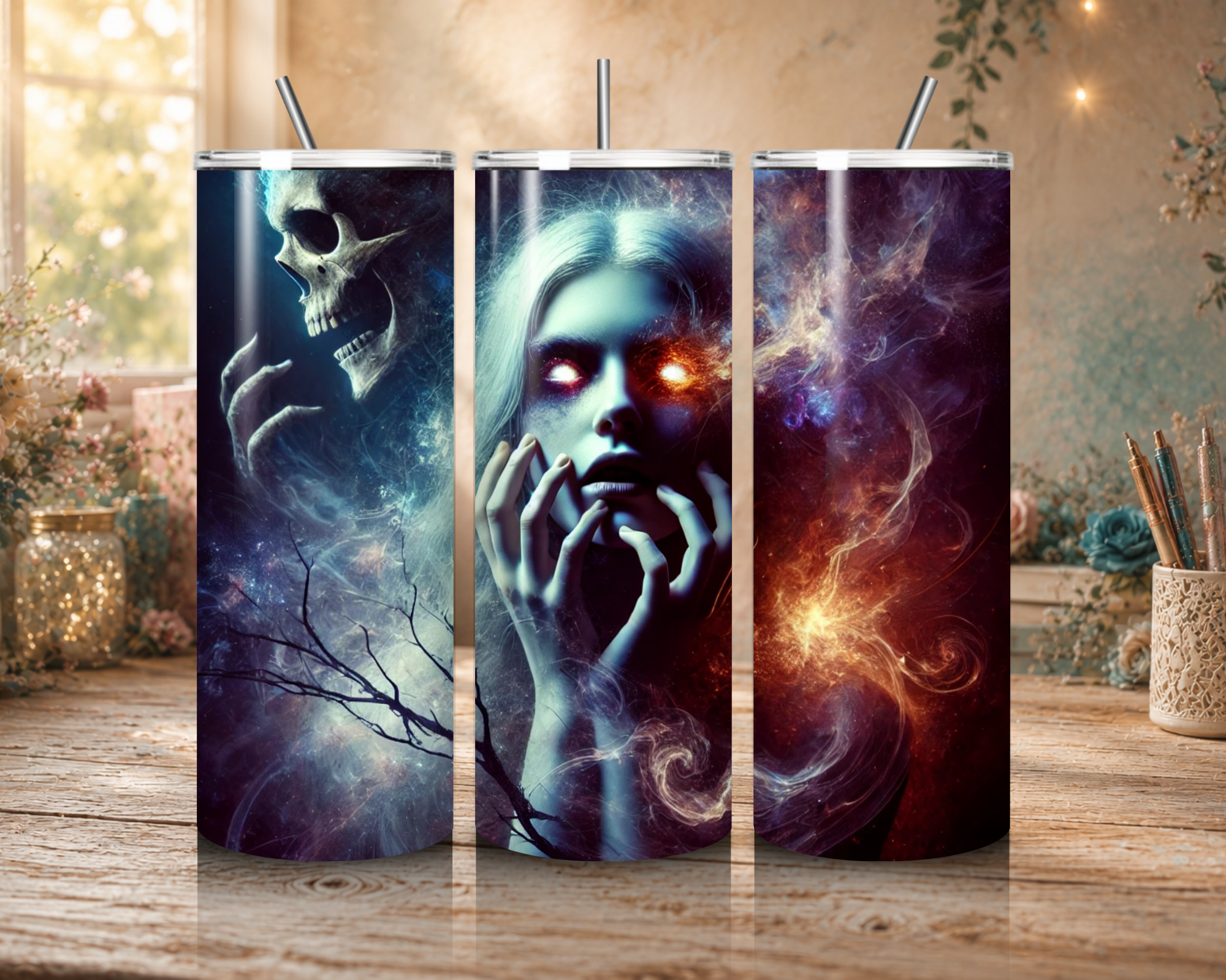 Three views of the Void Walker 20 oz stainless steel tumbler featuring a pale cosmic woman, glowing eyes, a skull, and swirling blue and fiery celestial spirits.