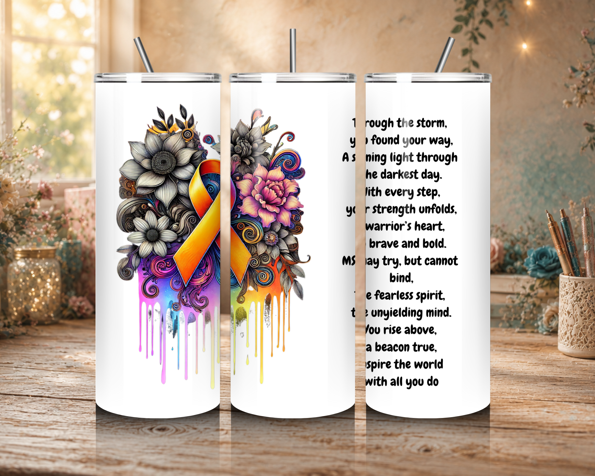Warrior’s Light Multiple Sclerosis Awareness tumbler design featuring an orange awareness ribbon, colorful flowers, and an inspirational poem 