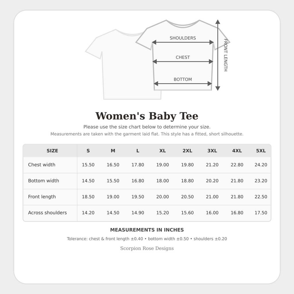 Women’s fitted micro baby tee size chart with measurements from Small through 5XL