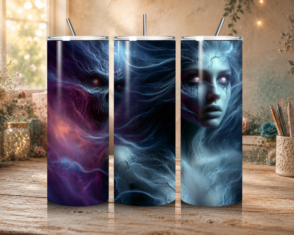 Three views of the Wraithbound 20 oz stainless steel tumbler featuring a pale woman with glowing eyes, a shadowy fanged creature, and swirling blue and purple spectral energy.
