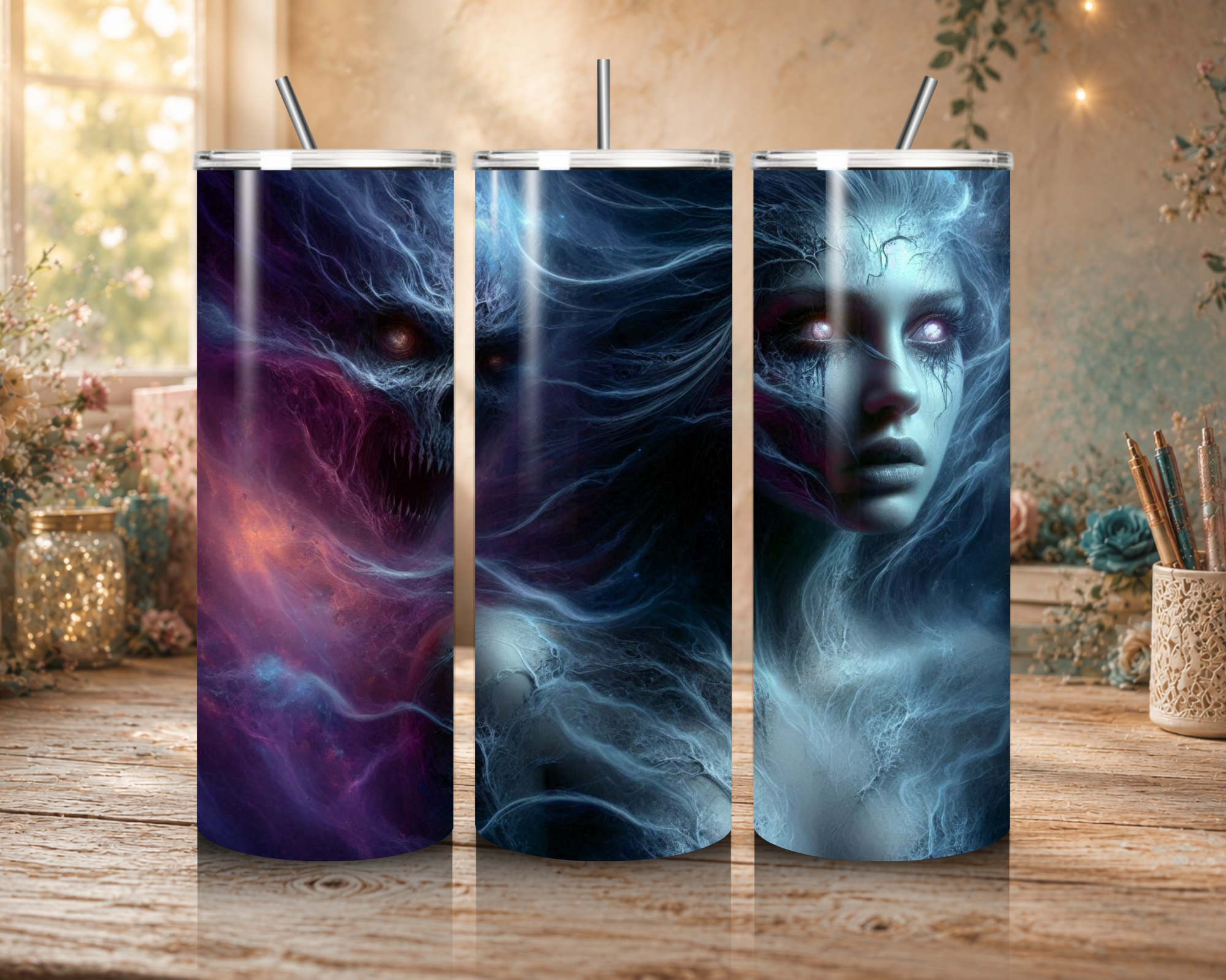 Three views of the Wraithbound 20 oz stainless steel tumbler featuring a pale woman with glowing eyes, a shadowy fanged creature, and swirling blue and purple spectral energy.
